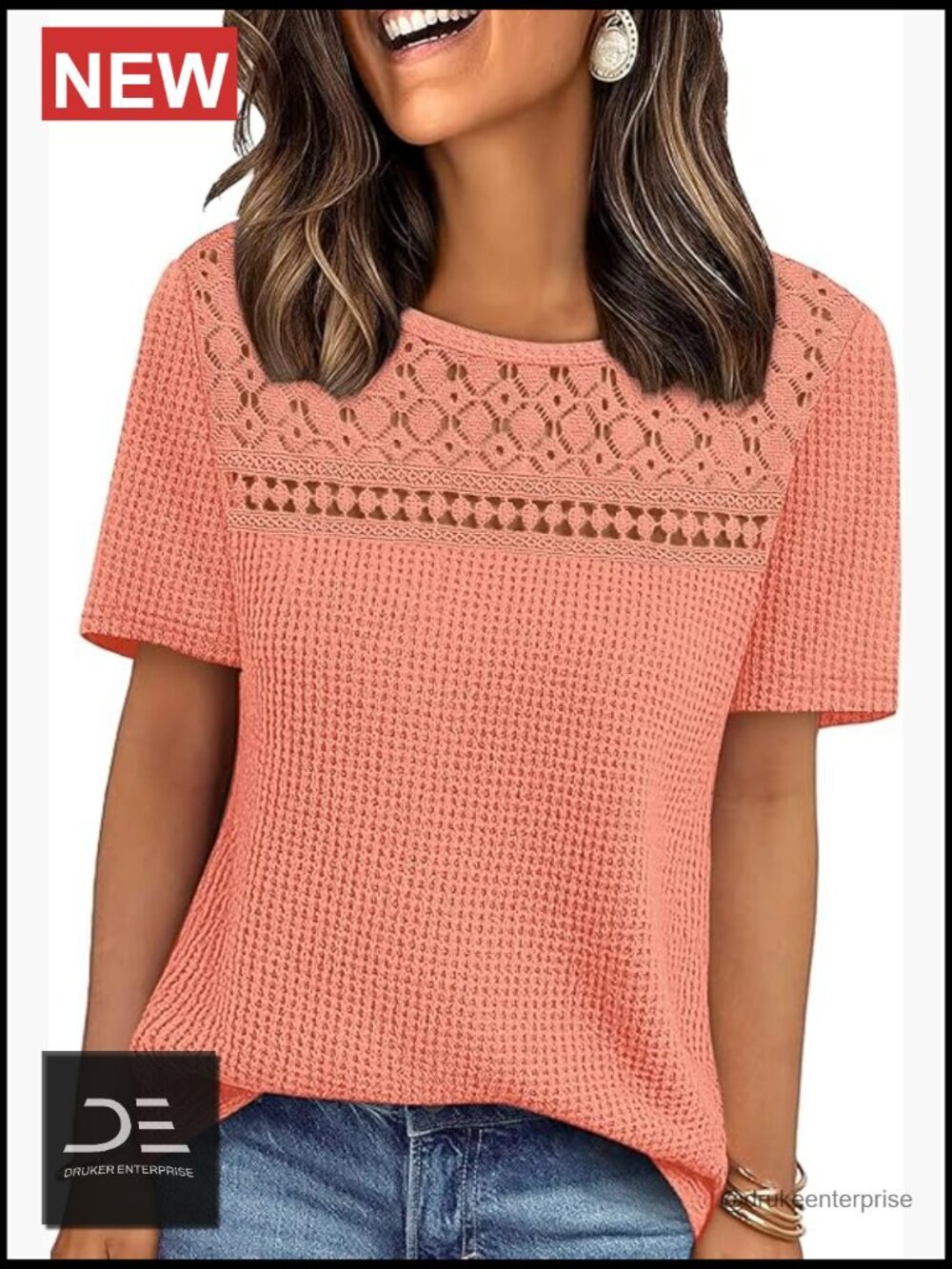 Dressy Casual Short Sleeve Boho Crochet Lace Waffle Knit Top